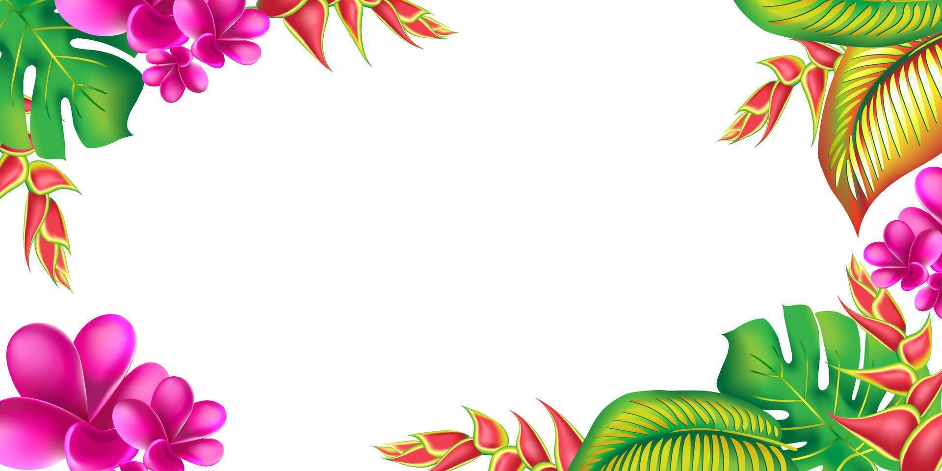 jungle flower,leaves tropic banner design. Palm leaf, monstera, pink plumeria flower,hibiscus blossom, exotic tropical summer flowers and leaves. vector