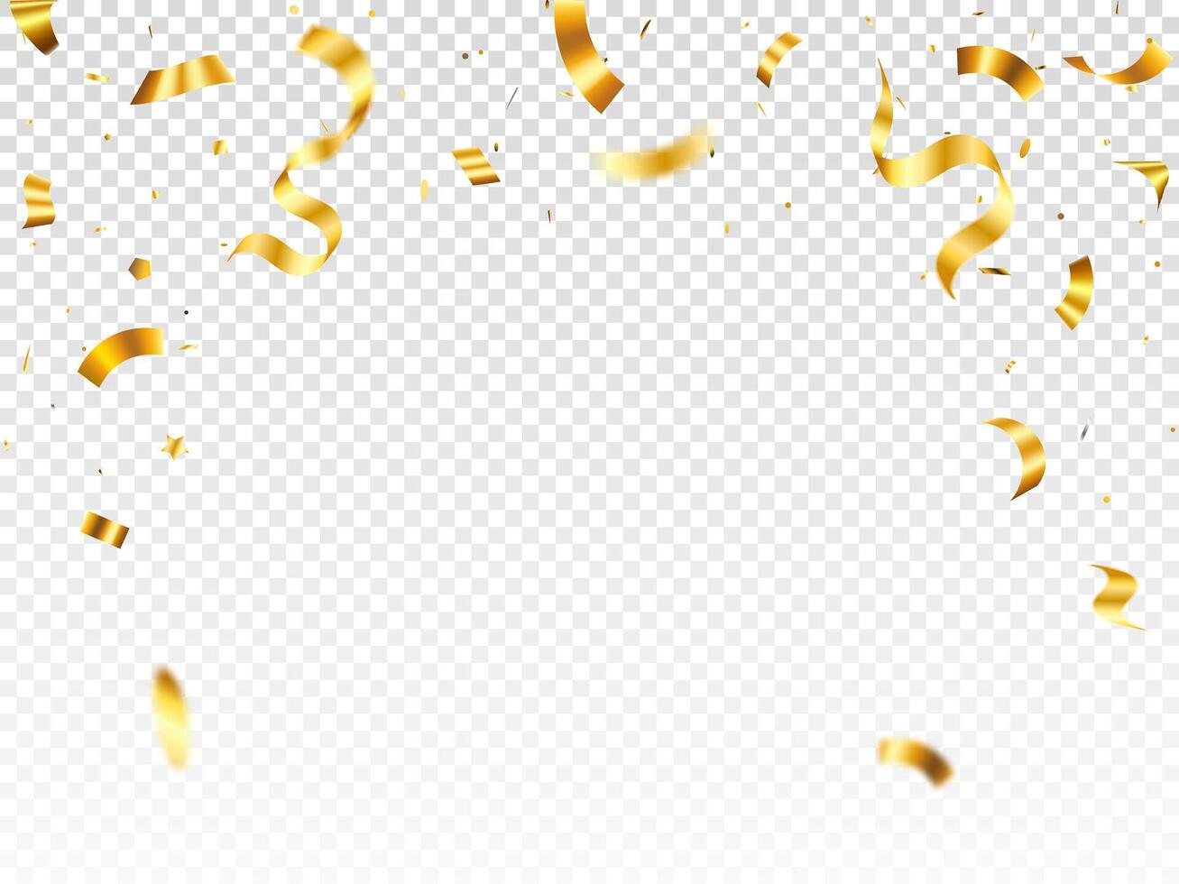 Gold confetti template. Shiny ribbons falling on abstract background. Design template for party celebration and birthday banner background, confetti, vector