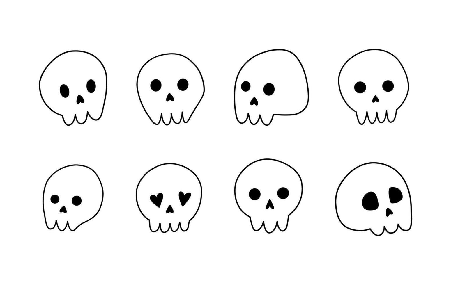 Big collection of cute skulls in doodle style. Mystical hand drawn illustration. Isolated on white background vector