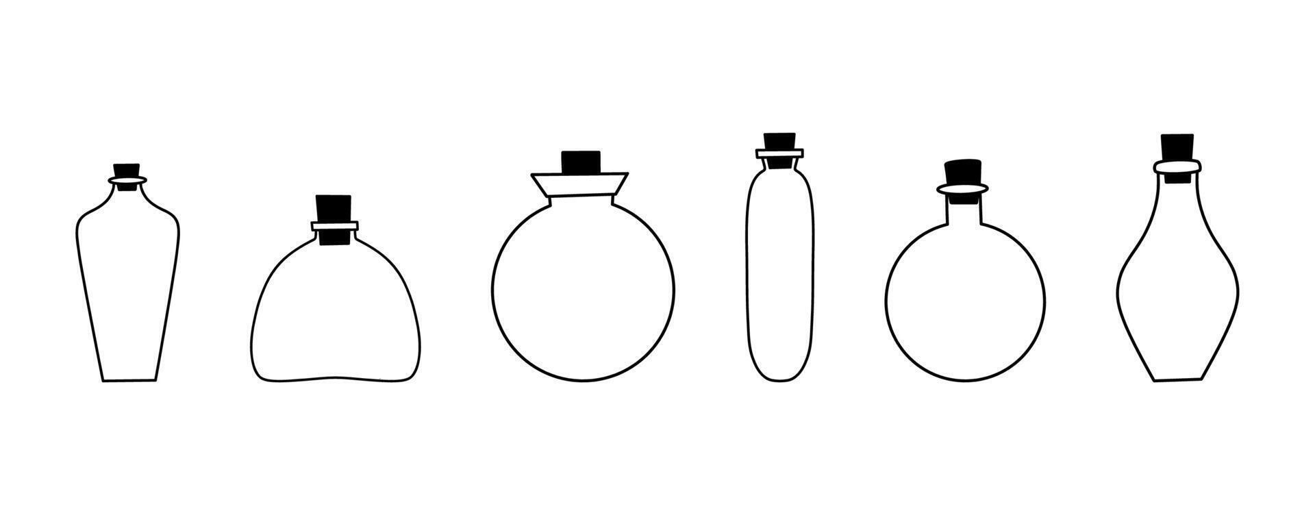 Big collection of glass bottles in doodle style. Linear hand drawn illustration. Isolated on white background vector