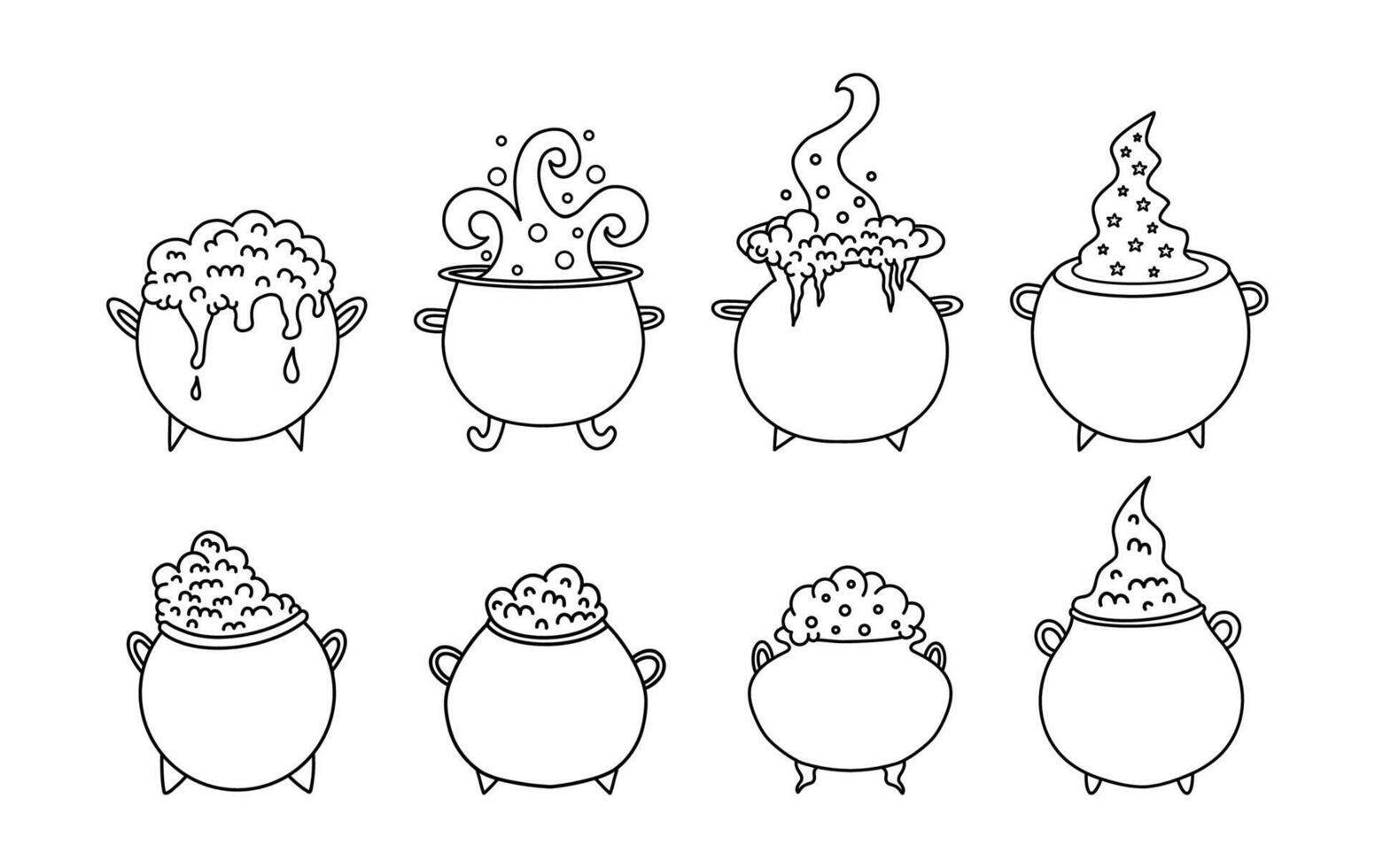 Big collection of magic cauldrons with bubbles in doodle style. Mystical hand drawn illustration. Line elements isolated on white background vector