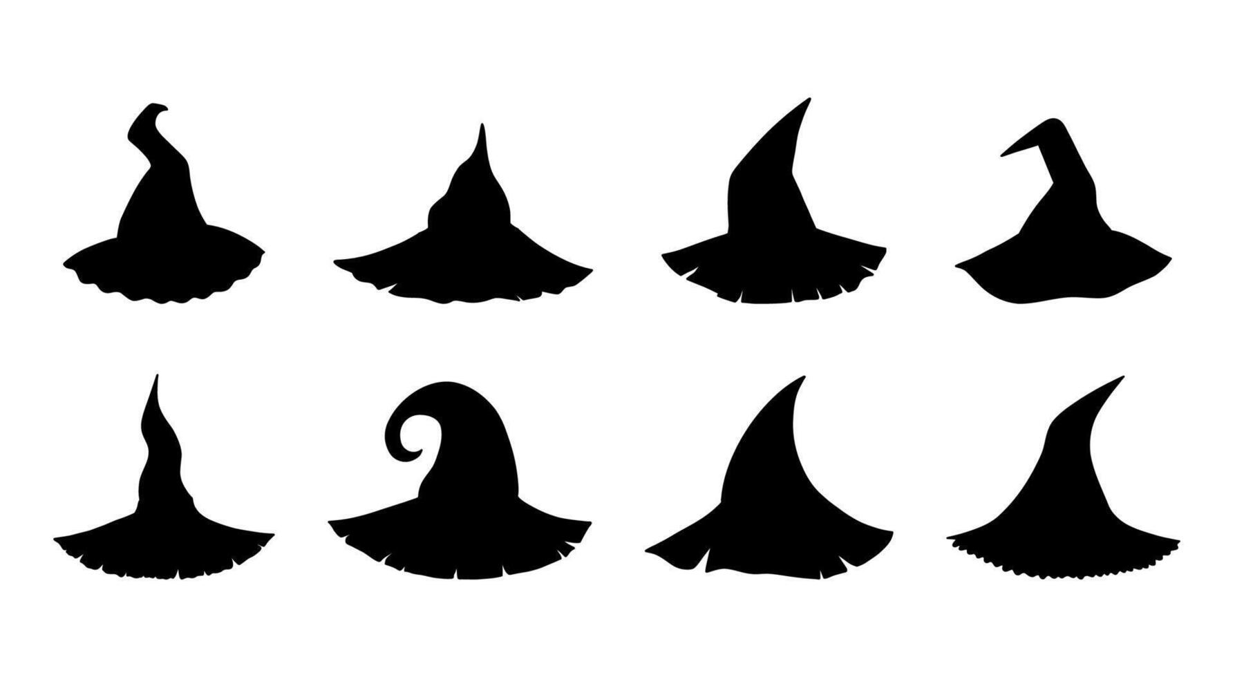 Collection hand drawn witch hat silhouettes. Doodle icons of witch hats for Halloween and Christmas. vector