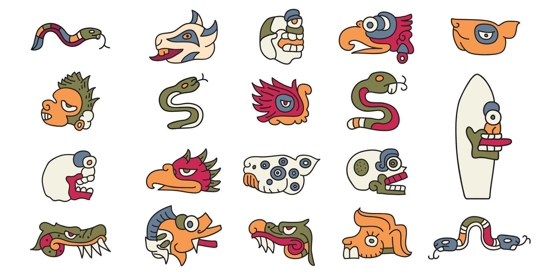 A set of tribal symbols. American style. Aztec animals style Mexican designs vector