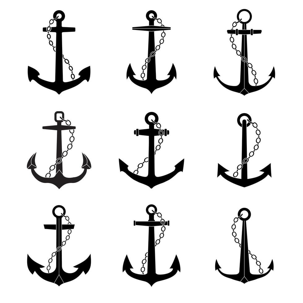 Anchor with chain icons set. Marine and nautical emblems collection. vector