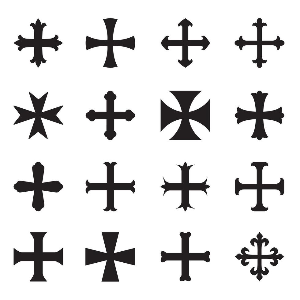 Christian crosses icons set outline. Different forms. Isolated on a white background. vector