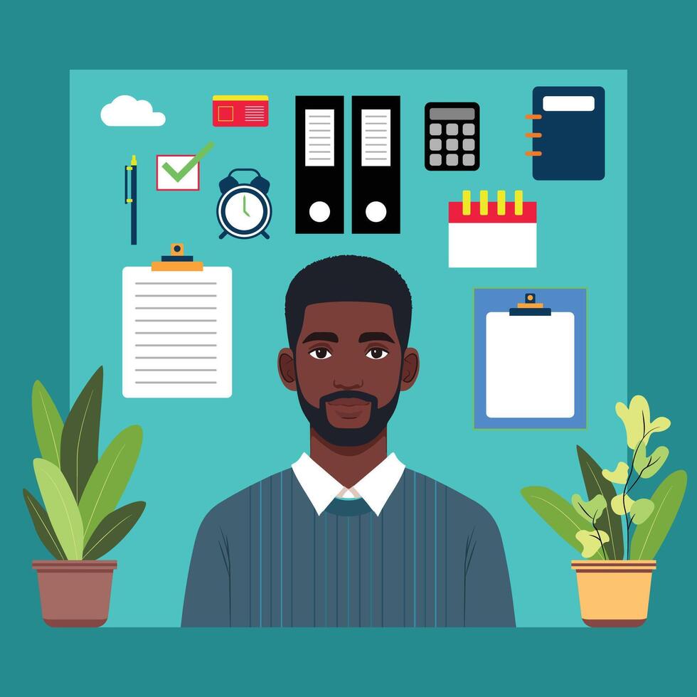 black man with a beard and office supplies vector