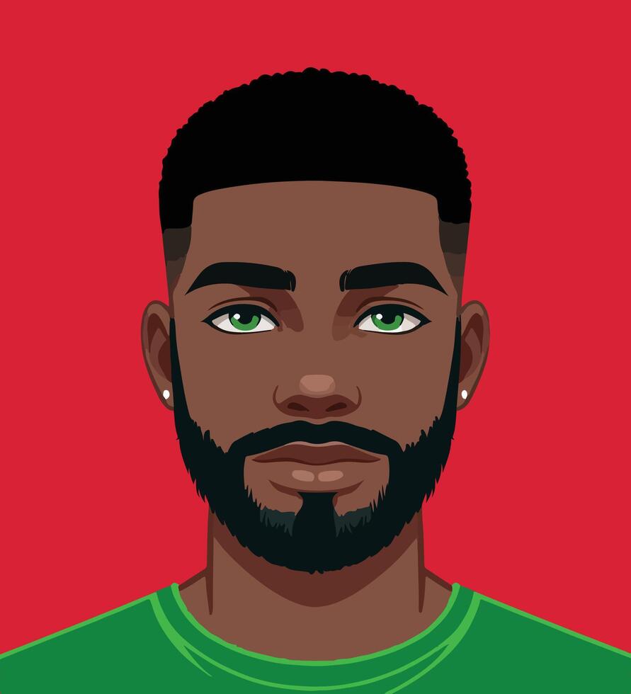 handsome young black man with a beard with green eyes vector