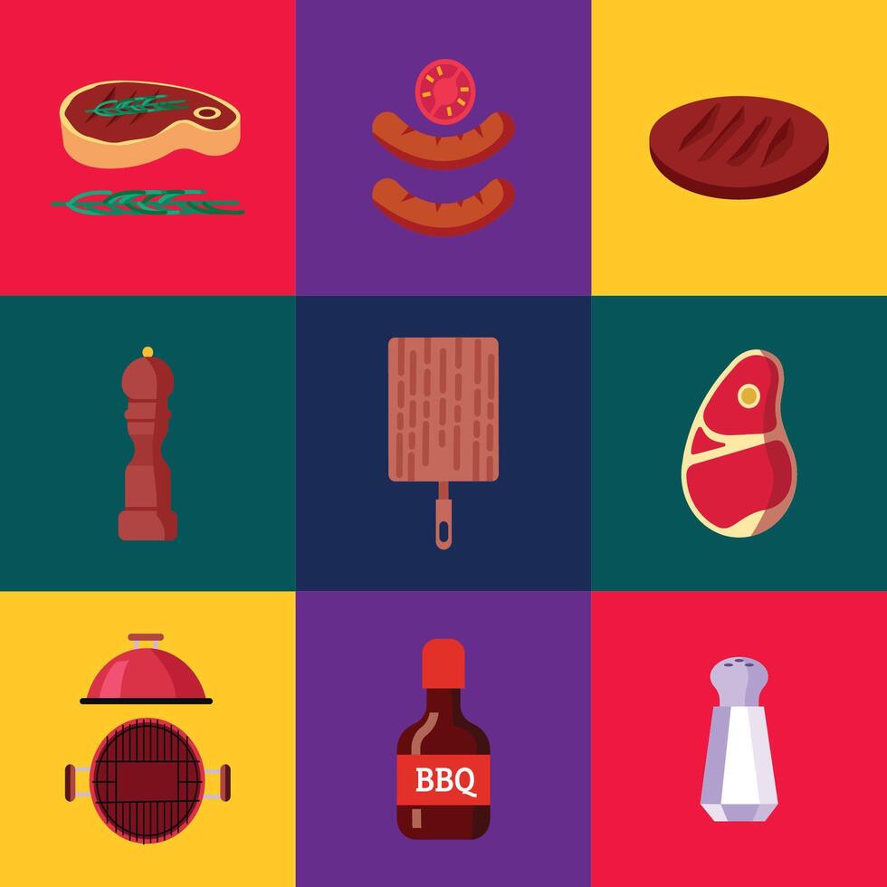 Flat BBQ icon collection vector