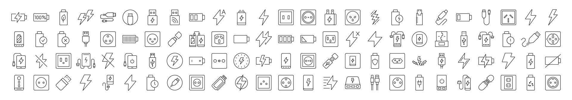 Collection of Energy Related Line Icons. Editable Stroke for Design, Web Sites, Apps, Cards. Contains Linear Images of Battery, USB Cable, Charger, Outlet vector