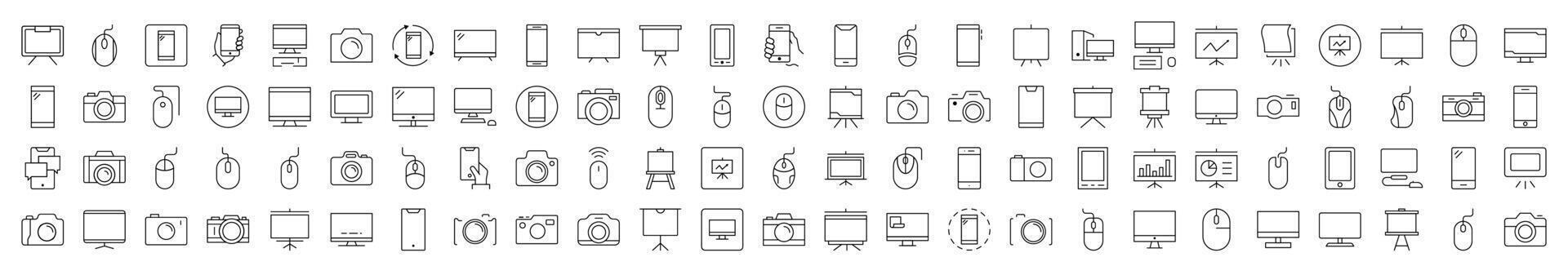 Devices Line Icon Bundle. Modern Collection for Design, Web Sites, Apps, Cards. Contains Linear Images of Phone, Photo Camera, Computer Mouse and PC vector