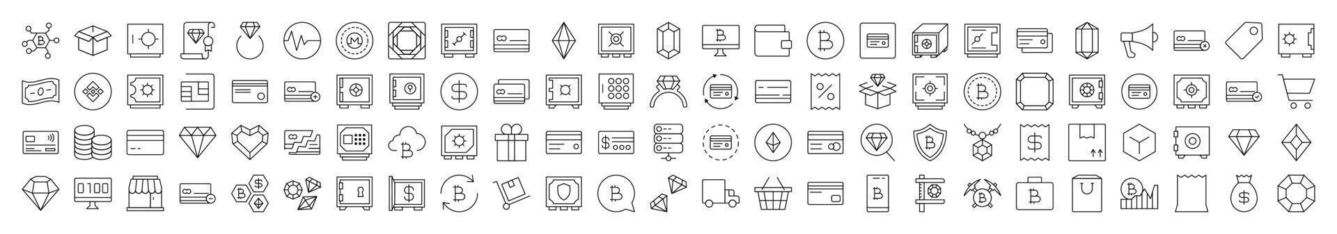 Banking and Money Line Icon Collection. Modern Collection for Design, Web Sites, Apps, Cards. Contains Linear Images of Shopping Cart, Bank, Diamond vector