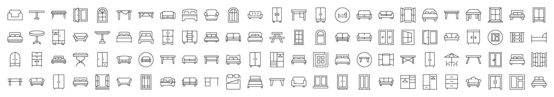 Bundle of Furniture Related Line Icons. Editable Stroke for Design, Web Sites, Apps, Cards. Contains Linear Images of Dresser, Couch, Sofa, Table, Window vector