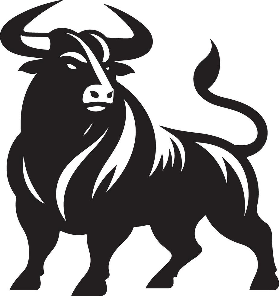 The bull is black and white, and has a long horn vector
