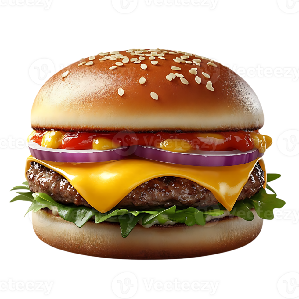 A Juicy Cheeseburger with Lettuce, Tomato, and Onion on a Sesame Seed Bun, Served on a Transparent Background png