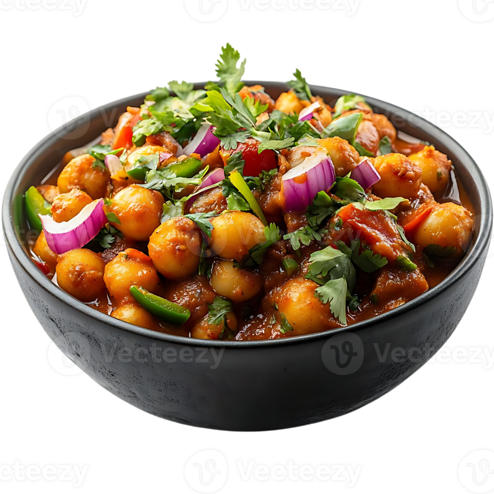 Delicious Spicy Chickpea Curry with Red Onions and Green Peppers in a Black Bowl with Transparent Background png