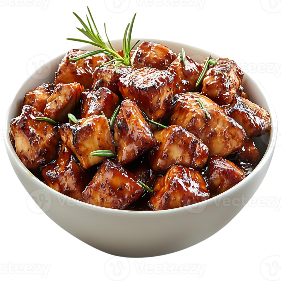 Glazed Chicken Bites with Rosemary, Served in a White Bowl with a Transparent Background png