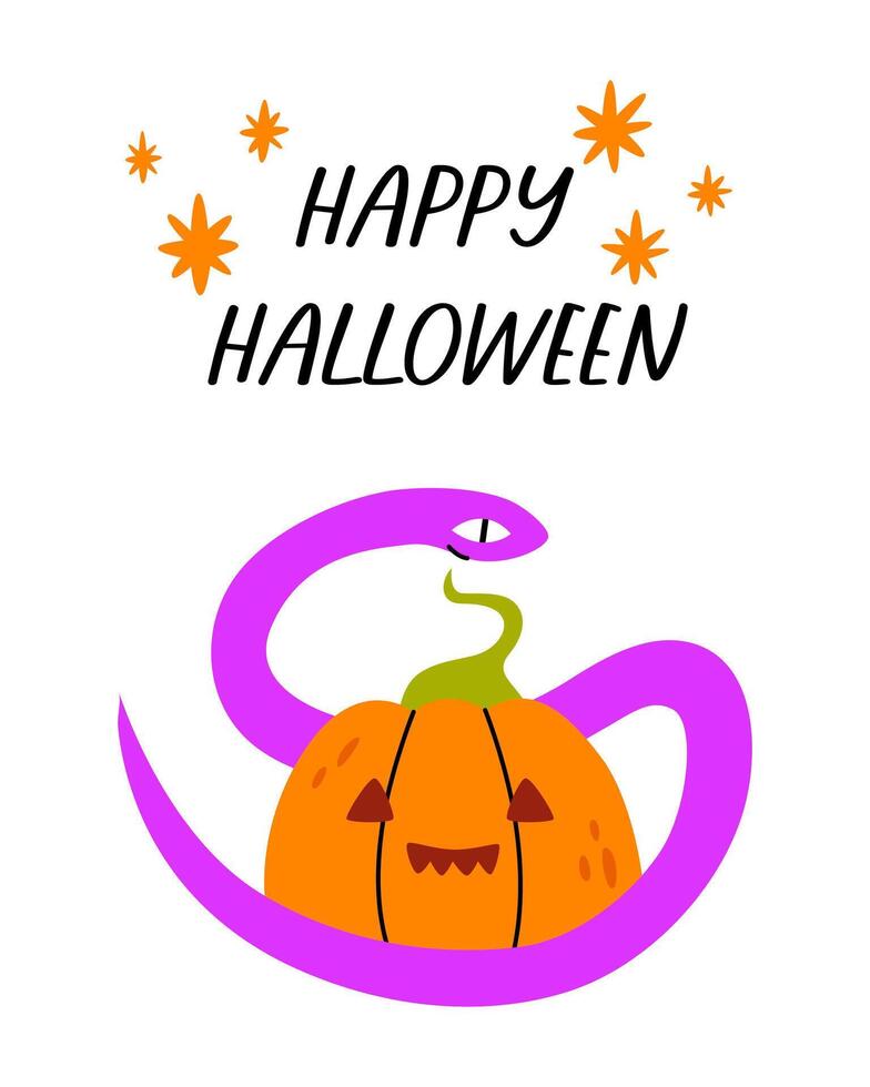 The snake wraps around the pumpkin. Happy Halloween text. vector