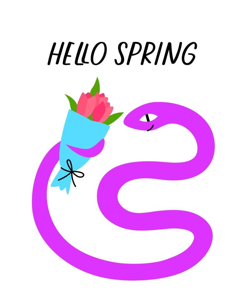 A happy cute snake holds a bouquet of tulips in its tail. The inscription hello spring. vector