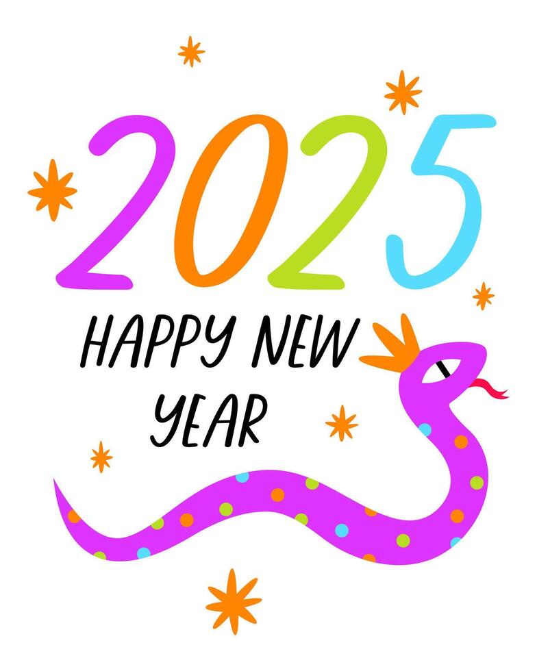 Happy New Year 2025. Poster with fun snake. vector
