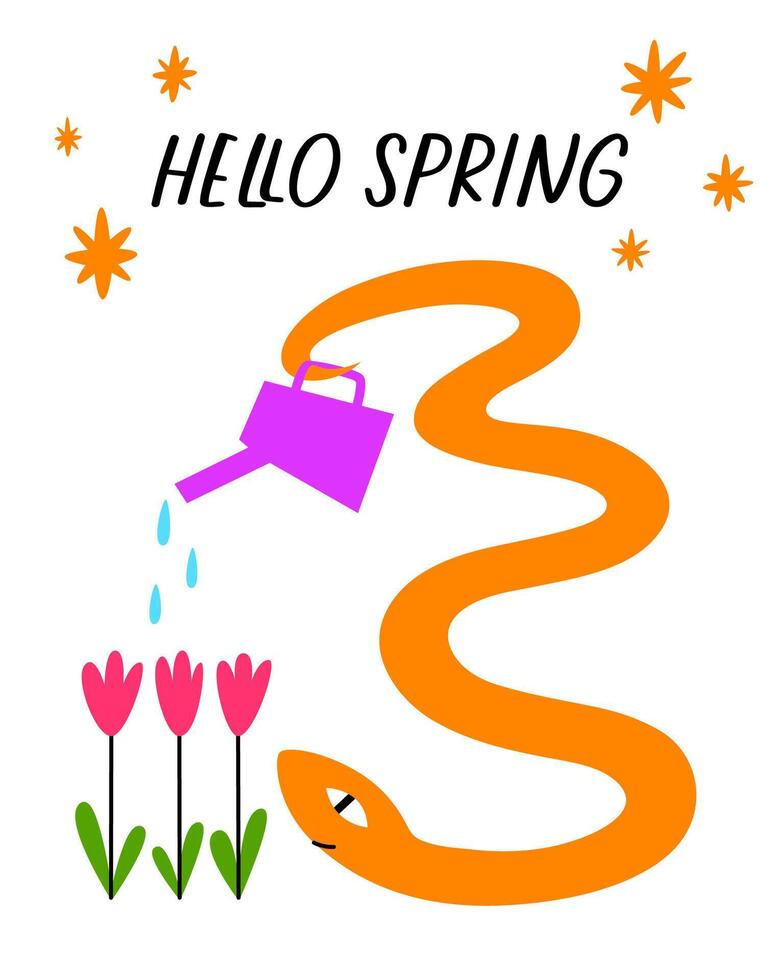A happy cute snake is watering flowers with a watering can. The inscription hello spring. vector