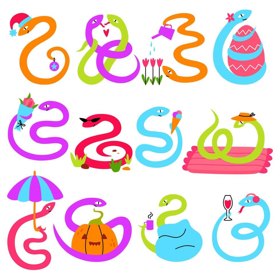 Set cute 12 cartoon snakes characters. Funny snake in varios poses. Concept holidays and season. vector