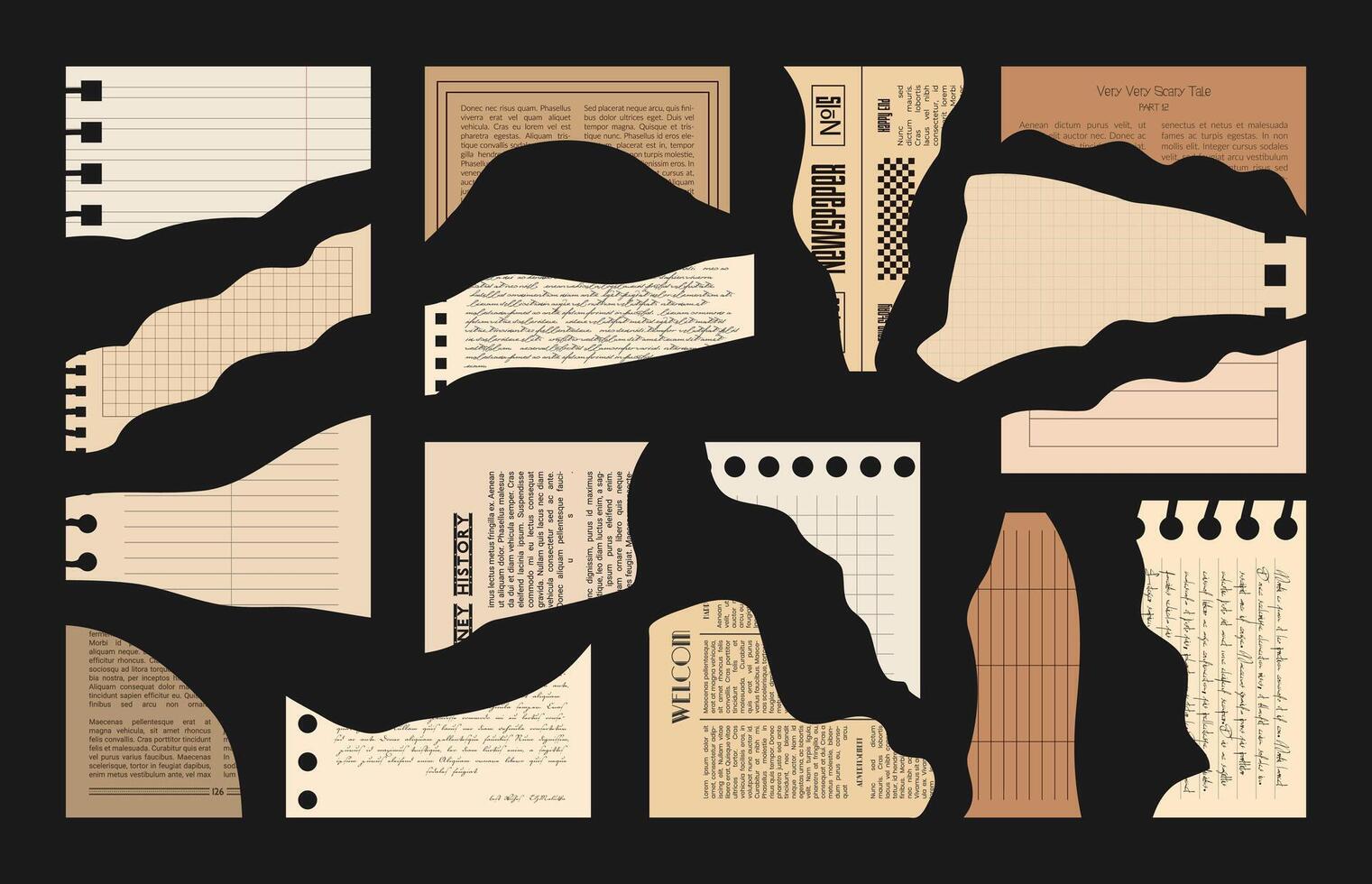 Abstract Paper cut shapes for Collage. Pieces of vintage newspapers, old books and notebooks. Trendy page parts with straight edges for Scrapbook. Lined and squared copybook sheets for school designs vector