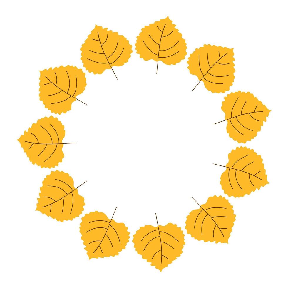Hand drawn Autumn yellow Leaf circle Frame background. Empty round backdrop made of yellow aspen Leaves. Blank Fall season poster, postcard vector