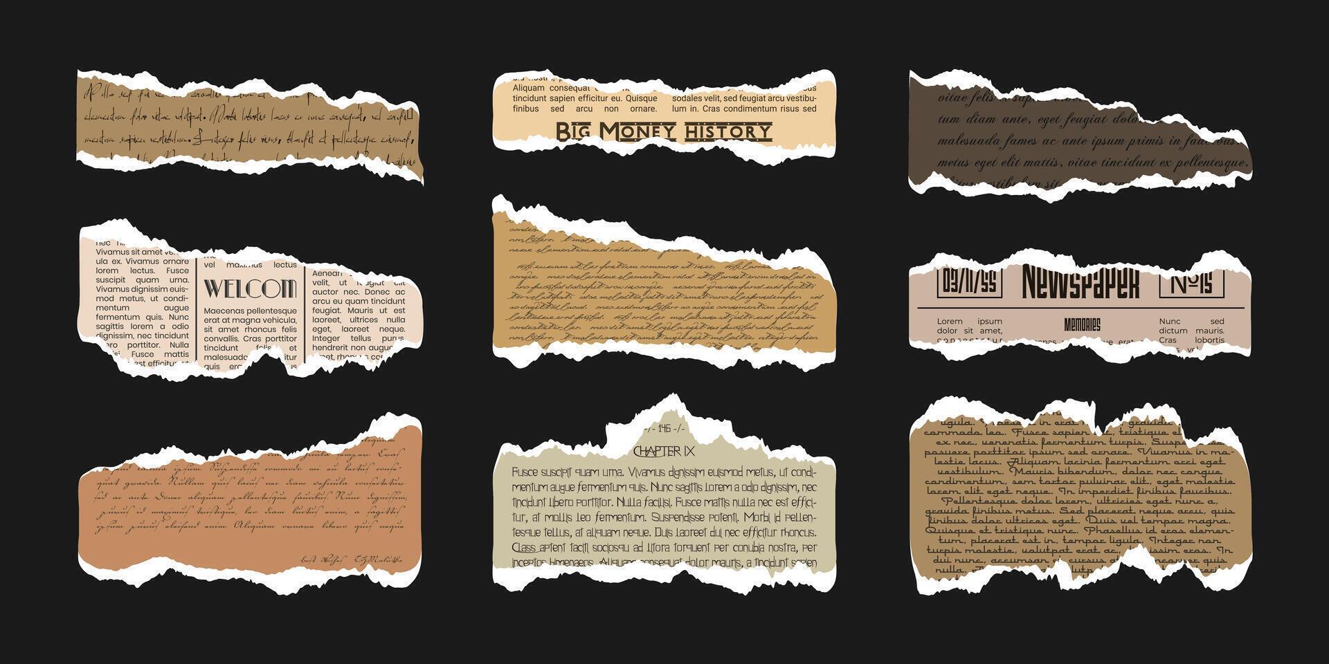 Set of old Newspaper and vintage Letter sheet for Scrapbook. Collage craft ragged elements pieces. Trendy abstract grunge pages. Paper with torn edges and illegible font vector
