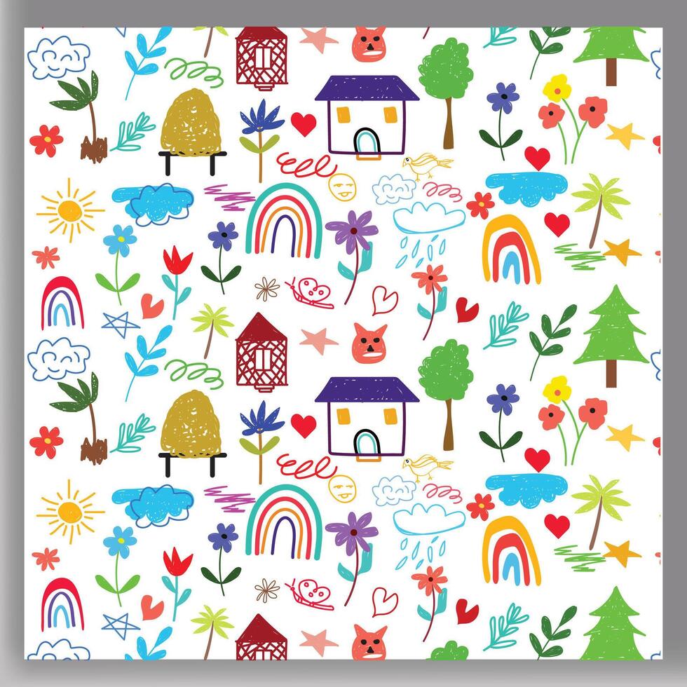 Crayon fun cute kid colorful doodle badge, scribble line flower, heart. rainbow background. Hand drawn doodle sketch childish element vector