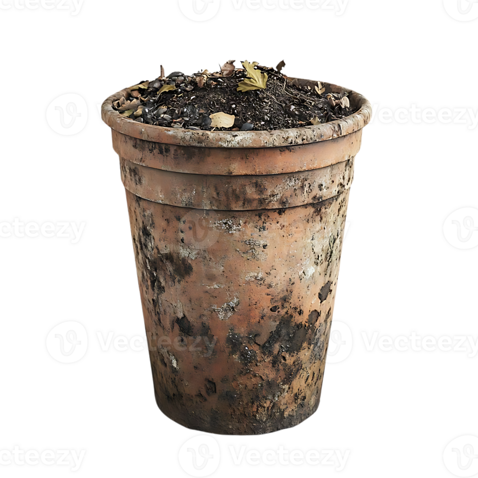 Old Clay Pot with Soil and Leaves with a Transparent Background png