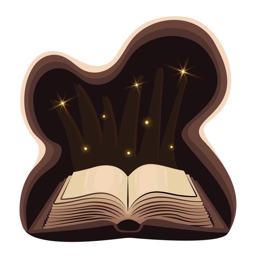 Magical open book with blank pages, notebook on dark background, dark academy literature, big vintage opened book, color illustration isolated on white vector