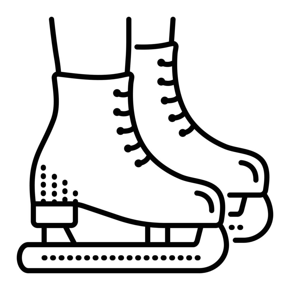 Two black line ice skates shoes on feet, ice skating icon. Monochrome illustration, editable stroke vector