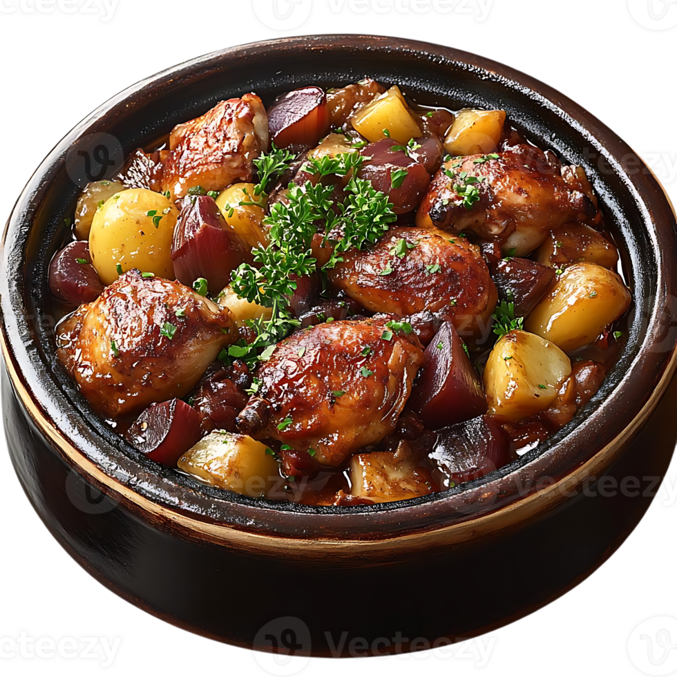 Chicken Stew with Potatoes and Onions in a Clay Pot with Transparent Background png