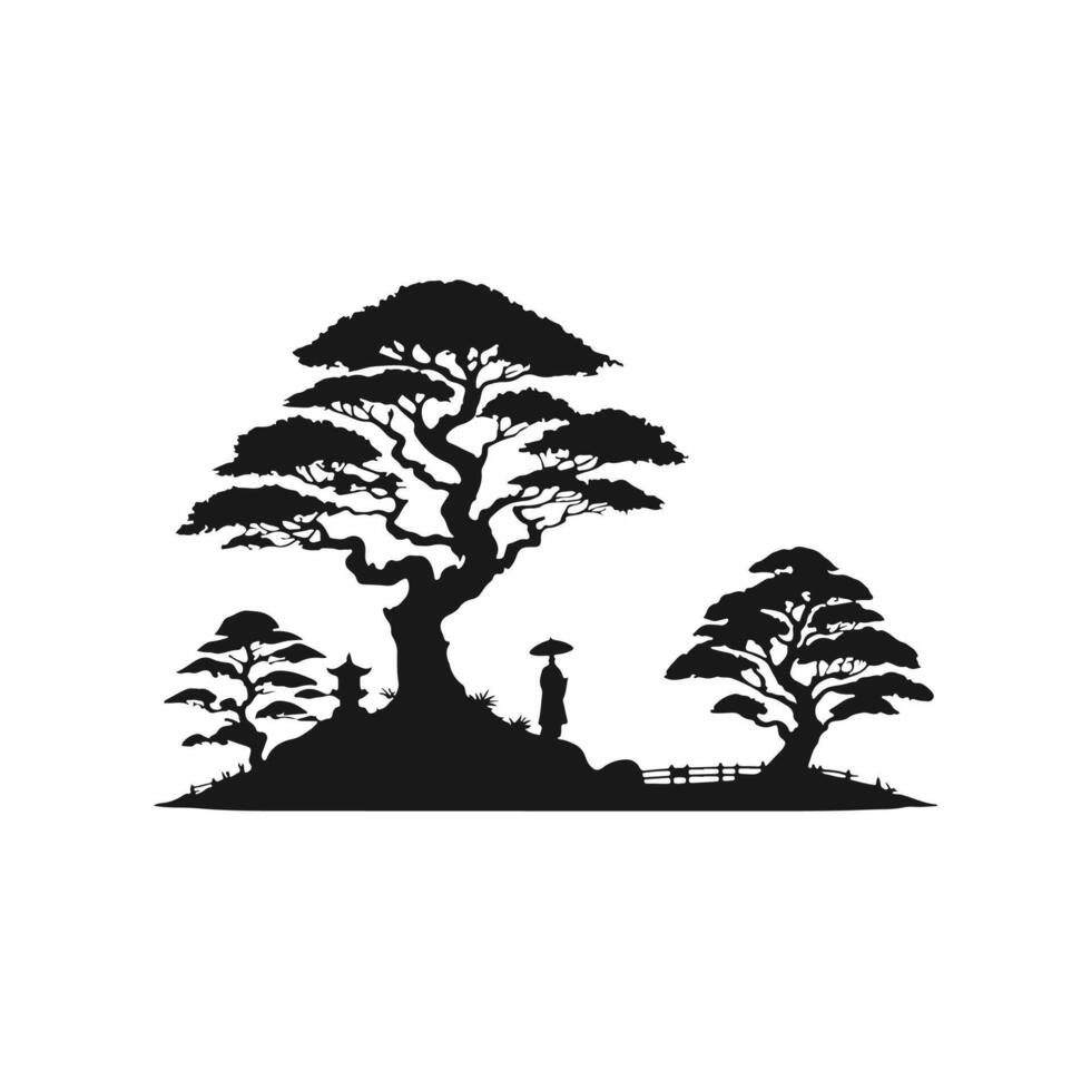 Black and white banyan tree vector