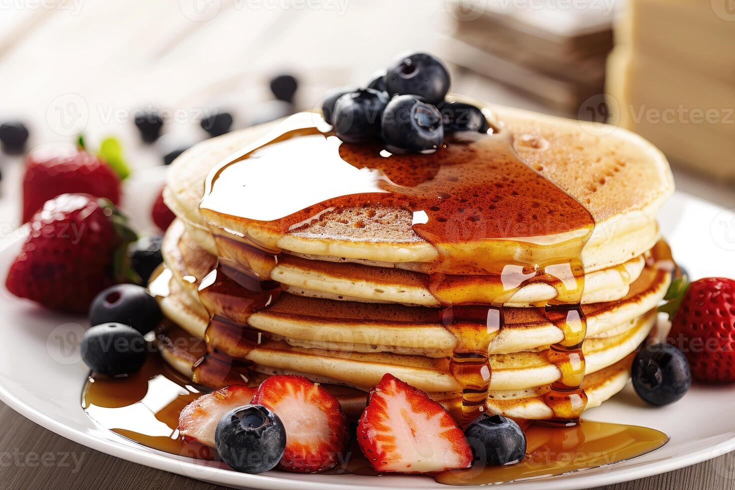Appetizing pancakes with syrup and berries close-up. Fresh hot pastries for breakfast with honey, blueberries and strawberries. photo