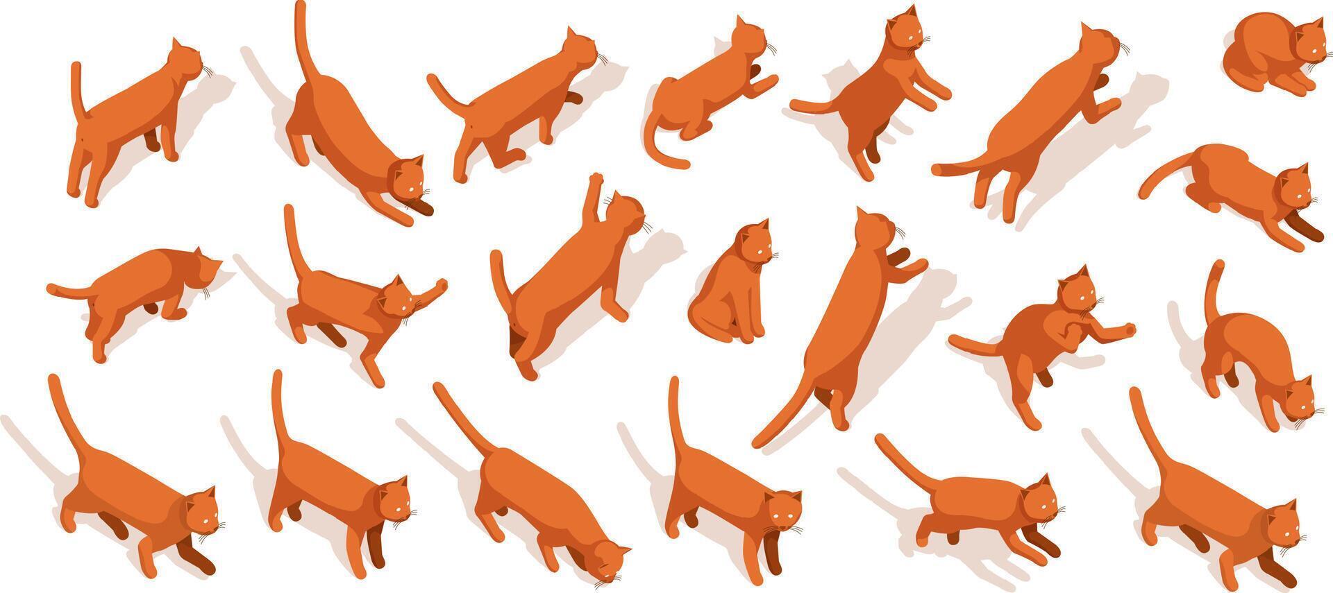 Red Cat isometric pack. 3d kitten icon activity vector
