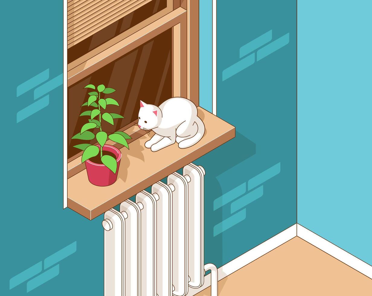 Cat is sitting on windowsill by window next to a house plant vector