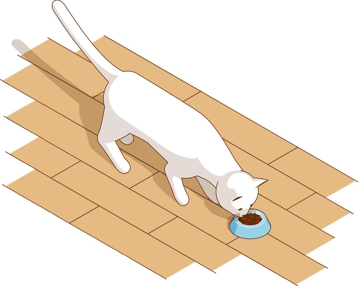 White kitten eats cat food from a bowl vector
