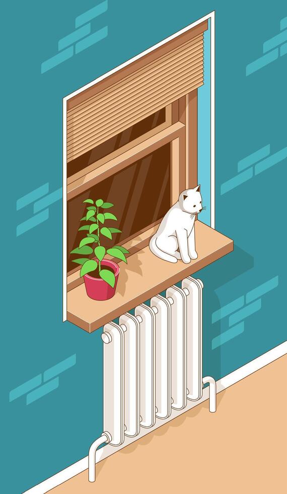 Isometric interior window with heating radiator vector
