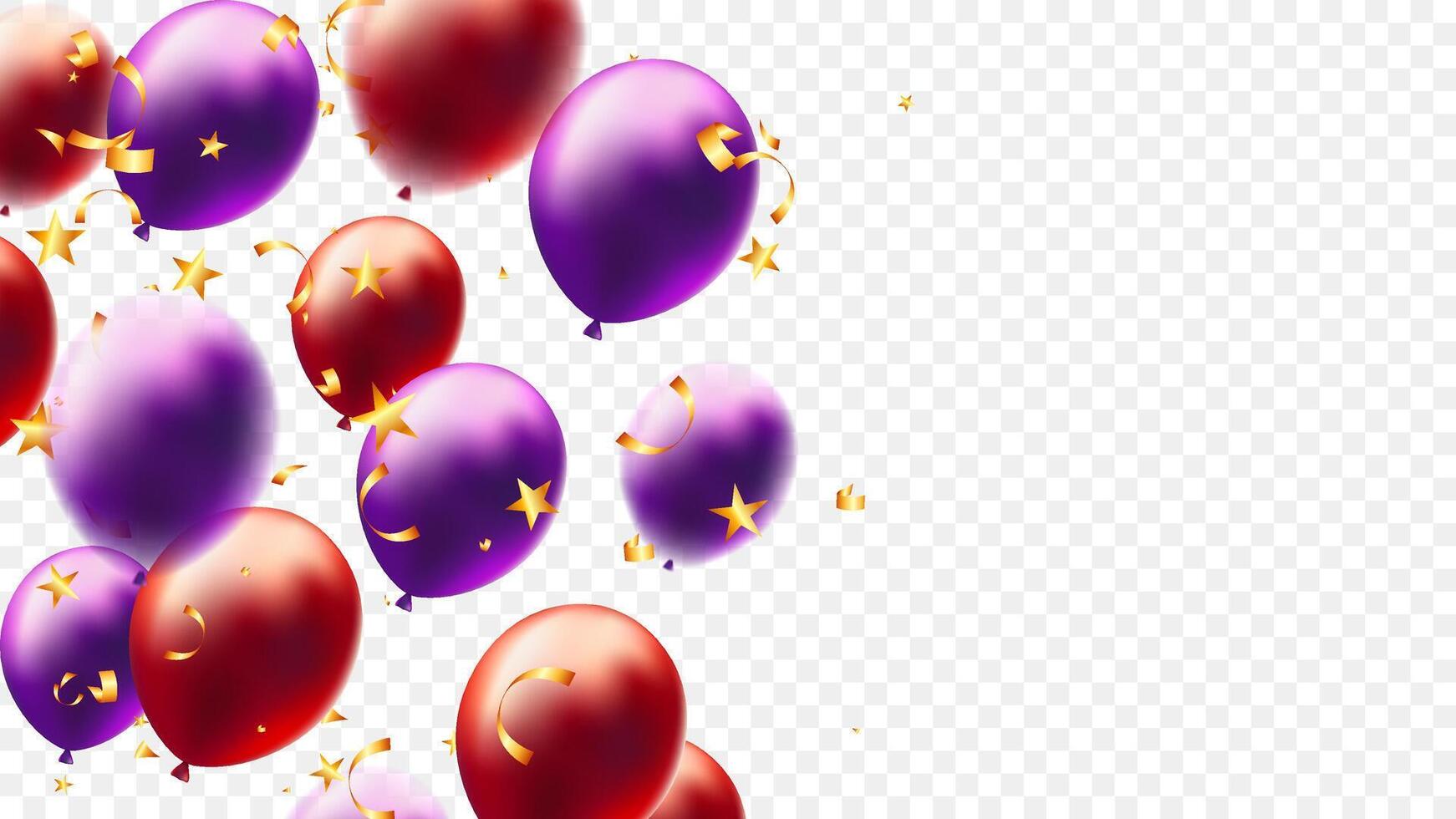 Purple, red balloons and gold confetti on background illustration vector