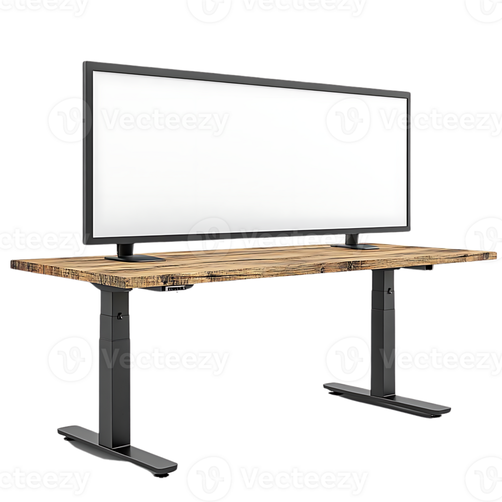 Adjustable Standing Desk with Wooden Top and Monitor for Ergonomic Workspaces png