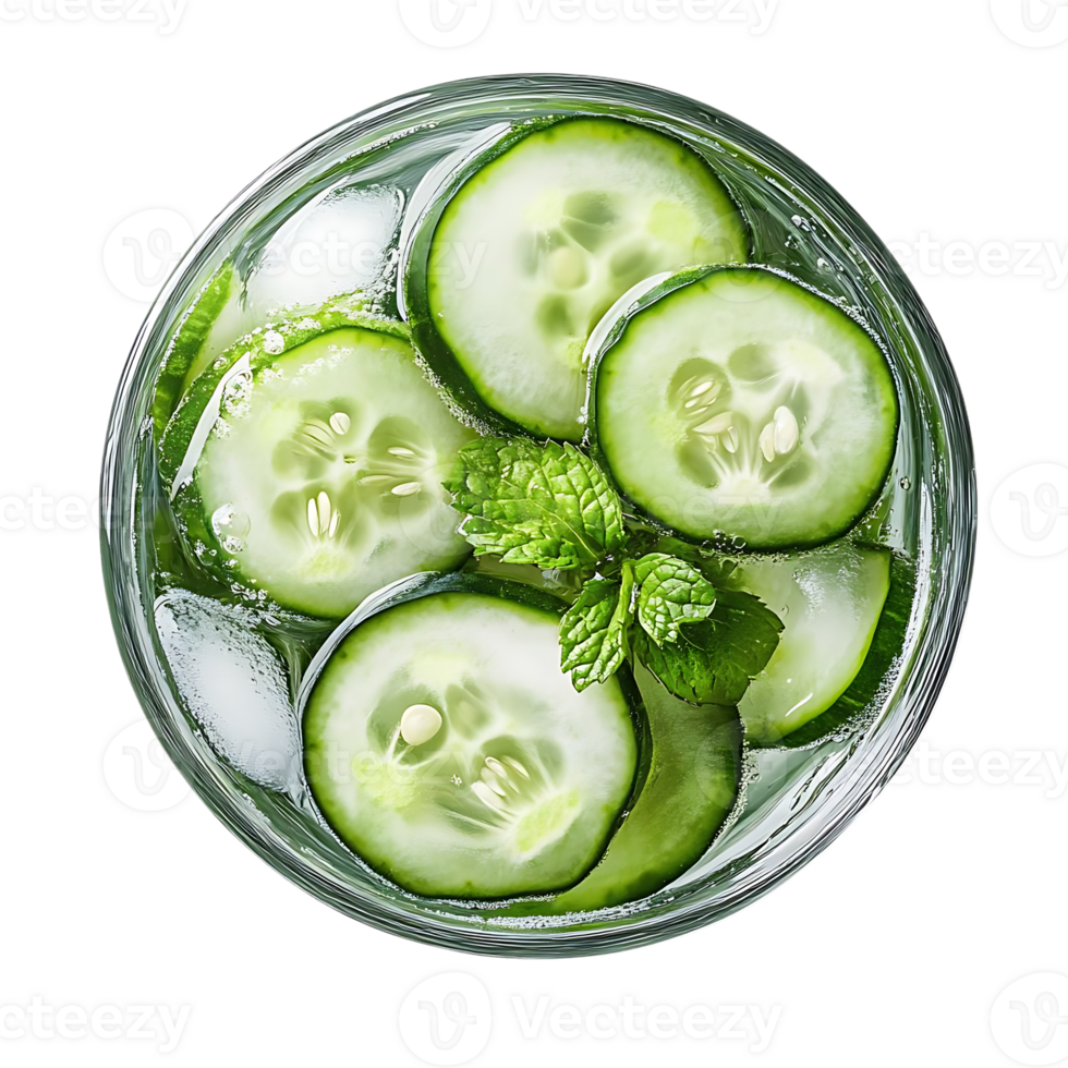 Cucumber and Mint Infused Water with Ice, Refreshing Summer Beverage with Transparent Background png