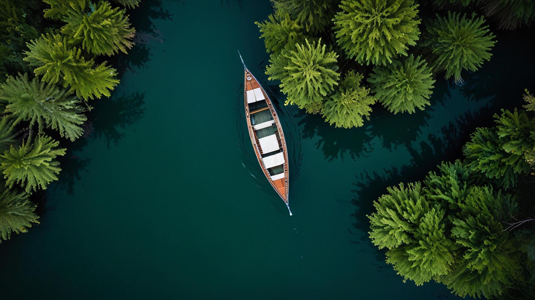 top down view of an empty boat in a crystal-clear river lined with green bushes photo