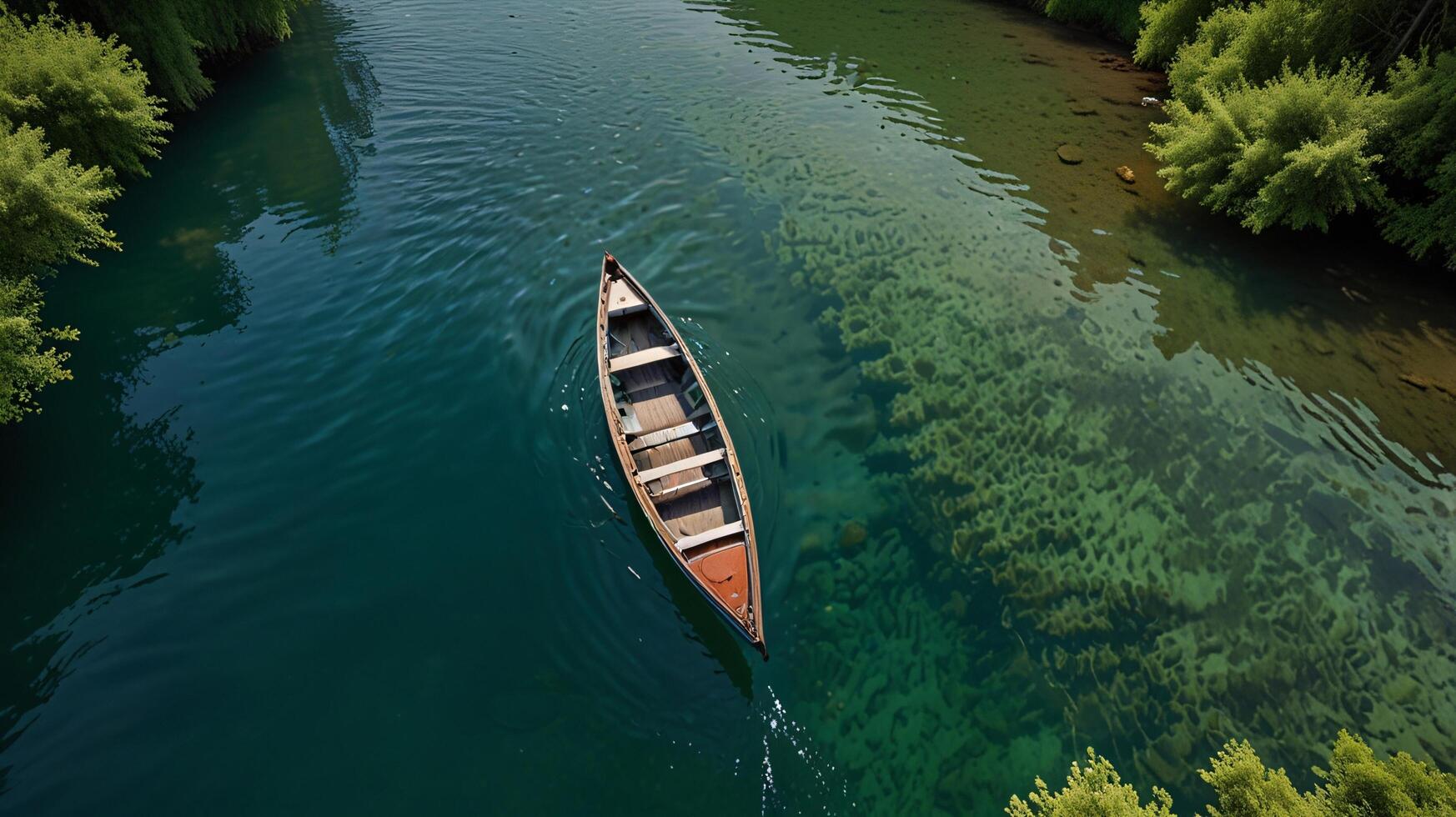 top down view of an empty boat in a crystal-clear river lined with green bushes photo