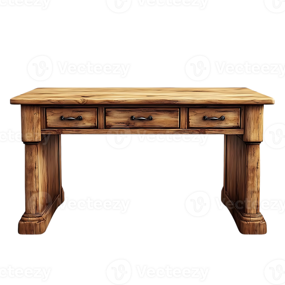 Rustic Wooden Desk with Three Drawers and Black Metal Handles on a Transparent Background png