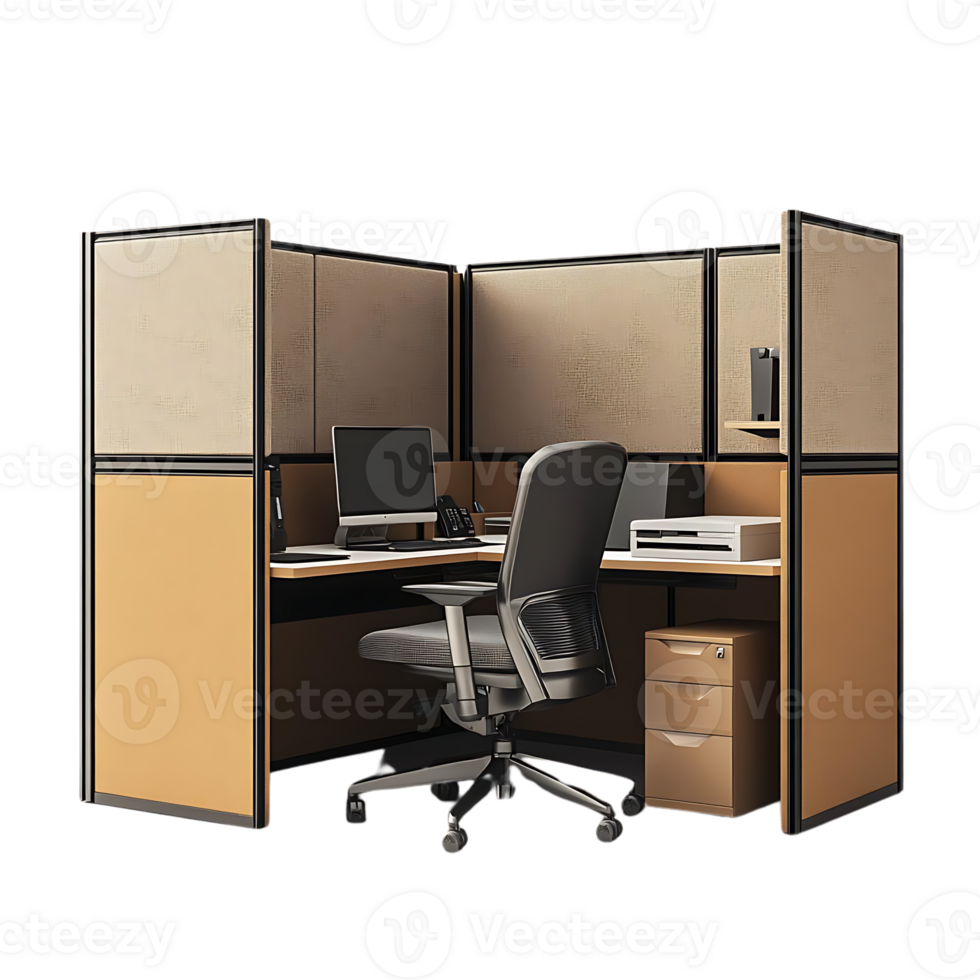 Modern Office Cubicle with Transparent Background, Featuring a Desk, Chair, and File Cabinet png