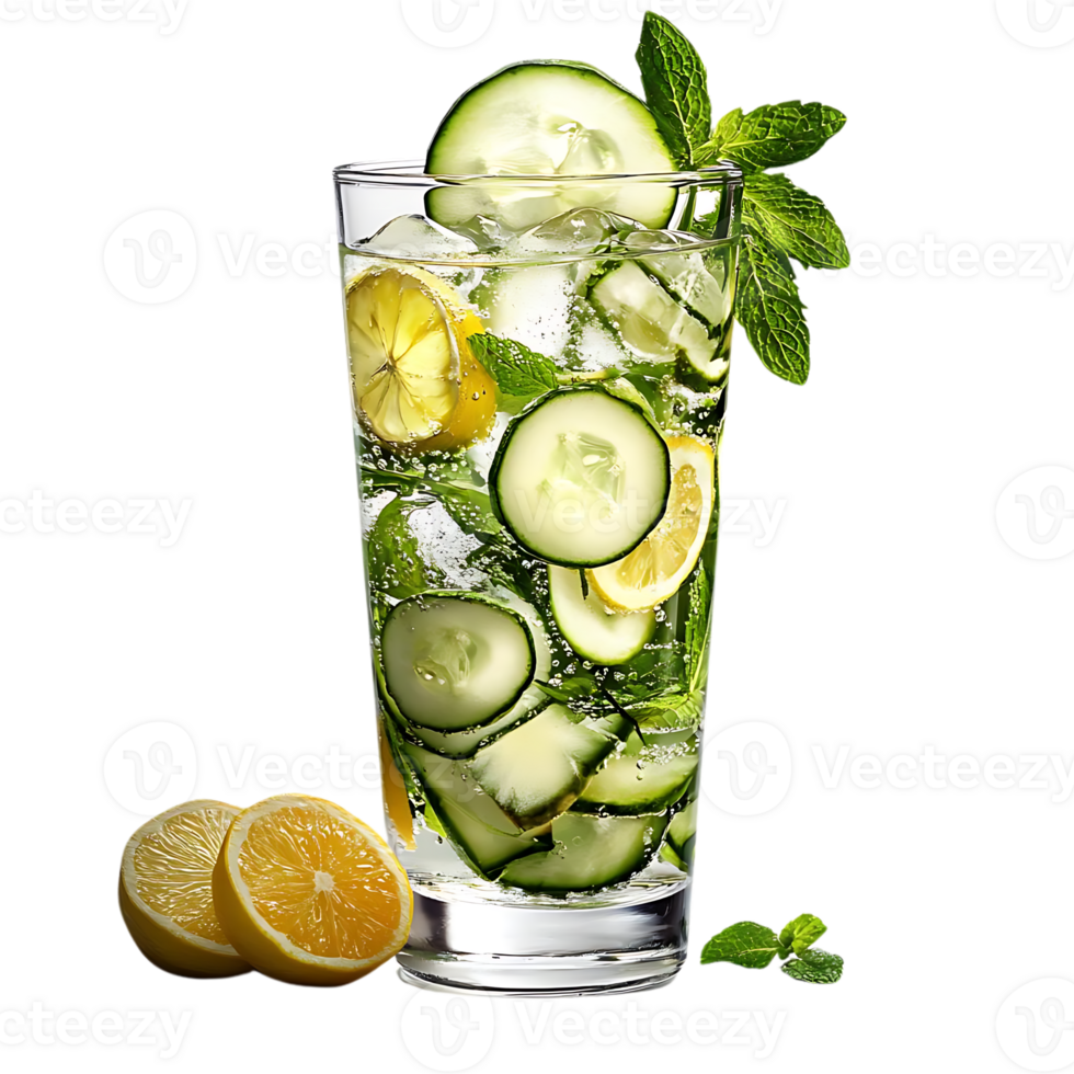 Cucumber and Lemon Infused Water with Mint Leaves - Refreshing Summer Drink with Transparent Background png