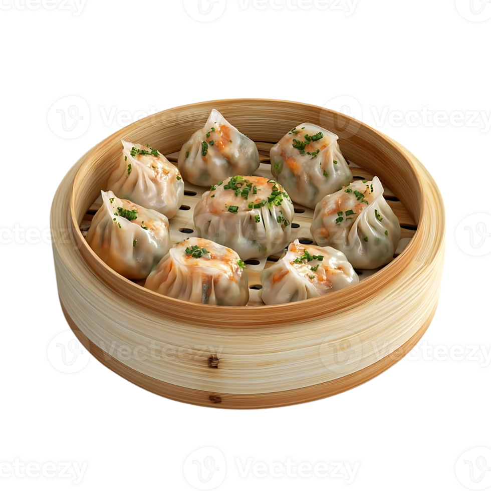 Steamed Pork and Shrimp Dumplings with Green Onions in Bamboo Steamer, Delicious Asian Cuisine with Transparent Background png