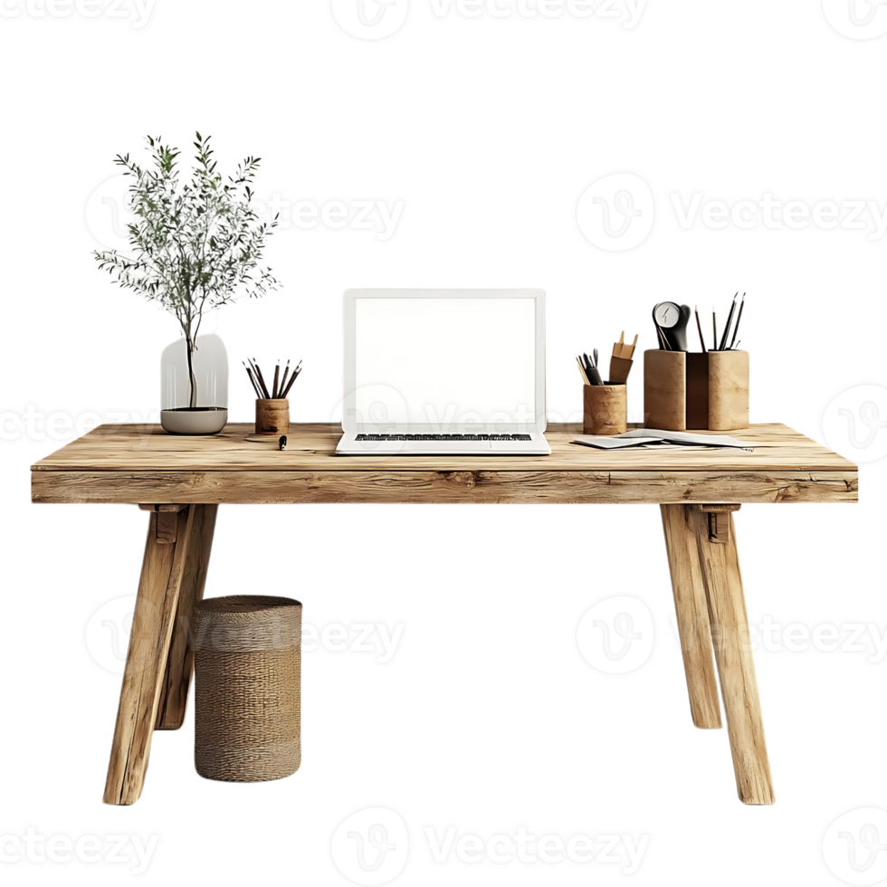 Laptop on a Wooden Desk with a Transparent Background png