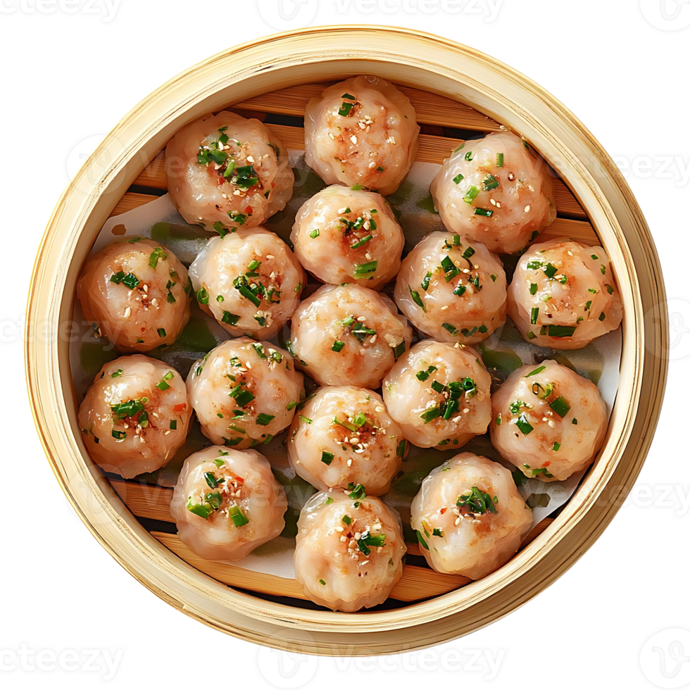 Steamed Shrimp Dumplings in Bamboo Steamer with Sesame Seeds and Green Onions, Delicious Asian Cuisine with Transparent Background png